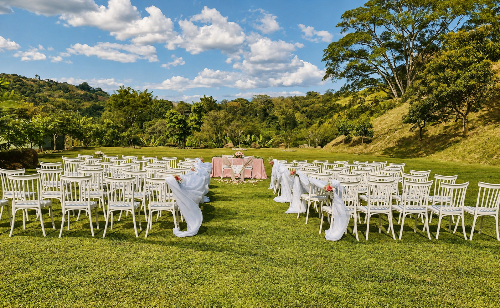 Montaje real de boda al aire libre en Villa Sueños